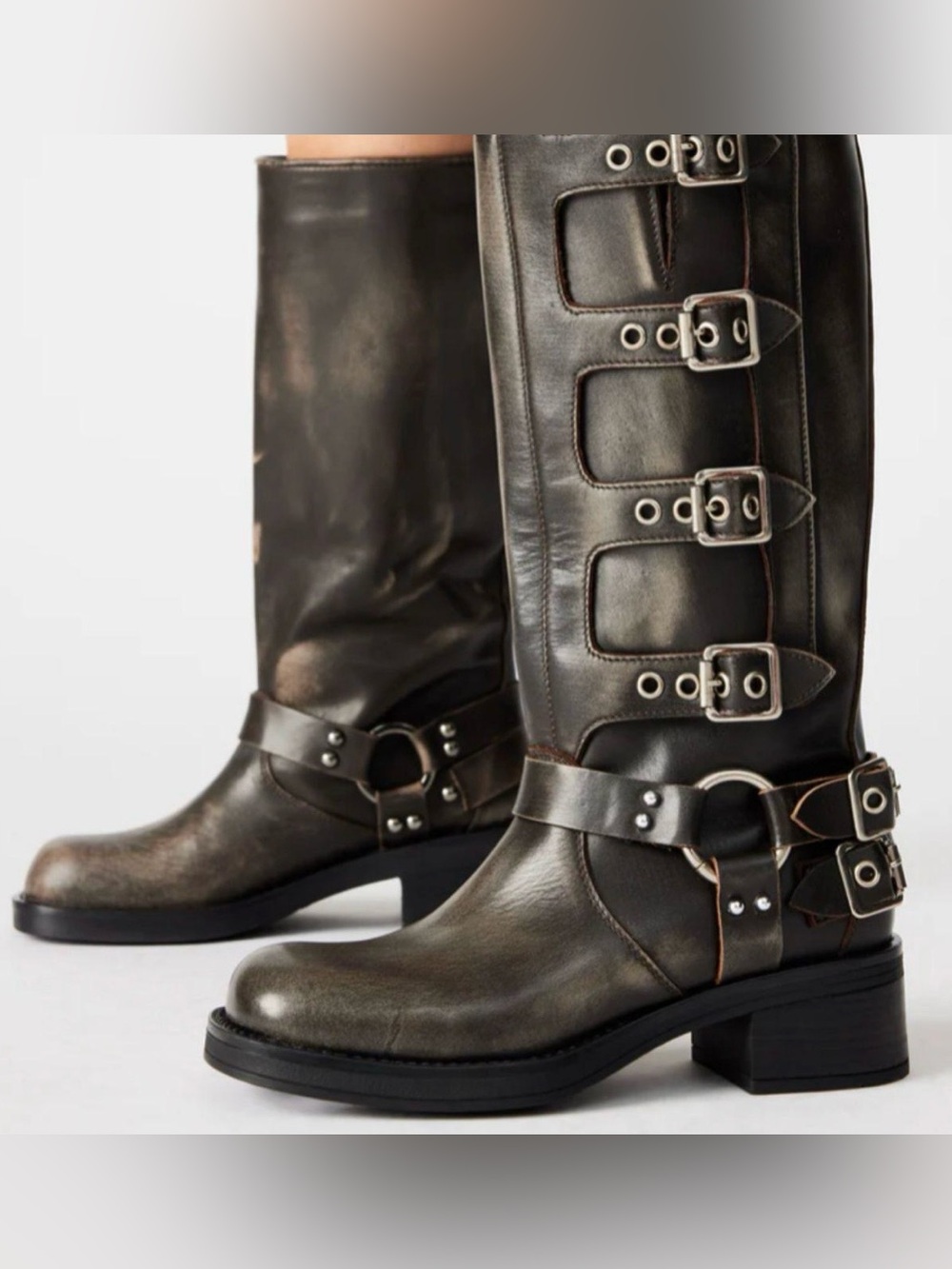 Steve Madden Brocks/Rocky Brown Distressed Leather Buckle Biker Moto Boots
